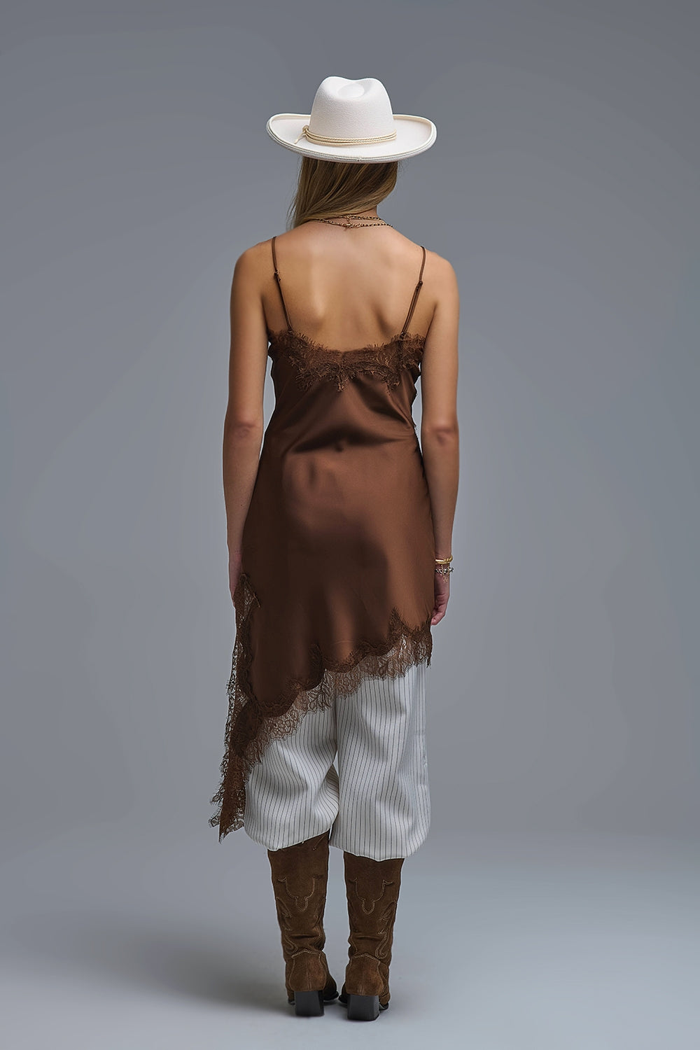 Asymmetrical Satin Lace Dress in brown