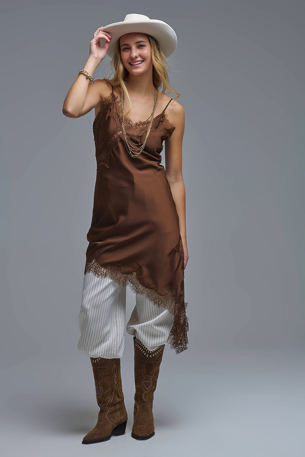 Asymmetrical Satin Lace Dress in brown