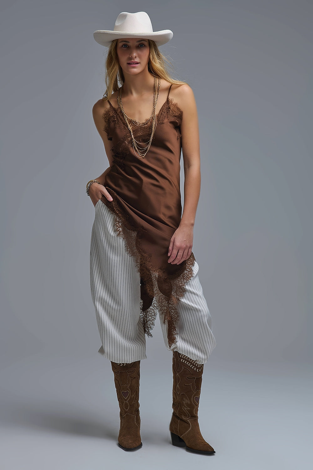 Asymmetrical Satin Lace Dress in brown