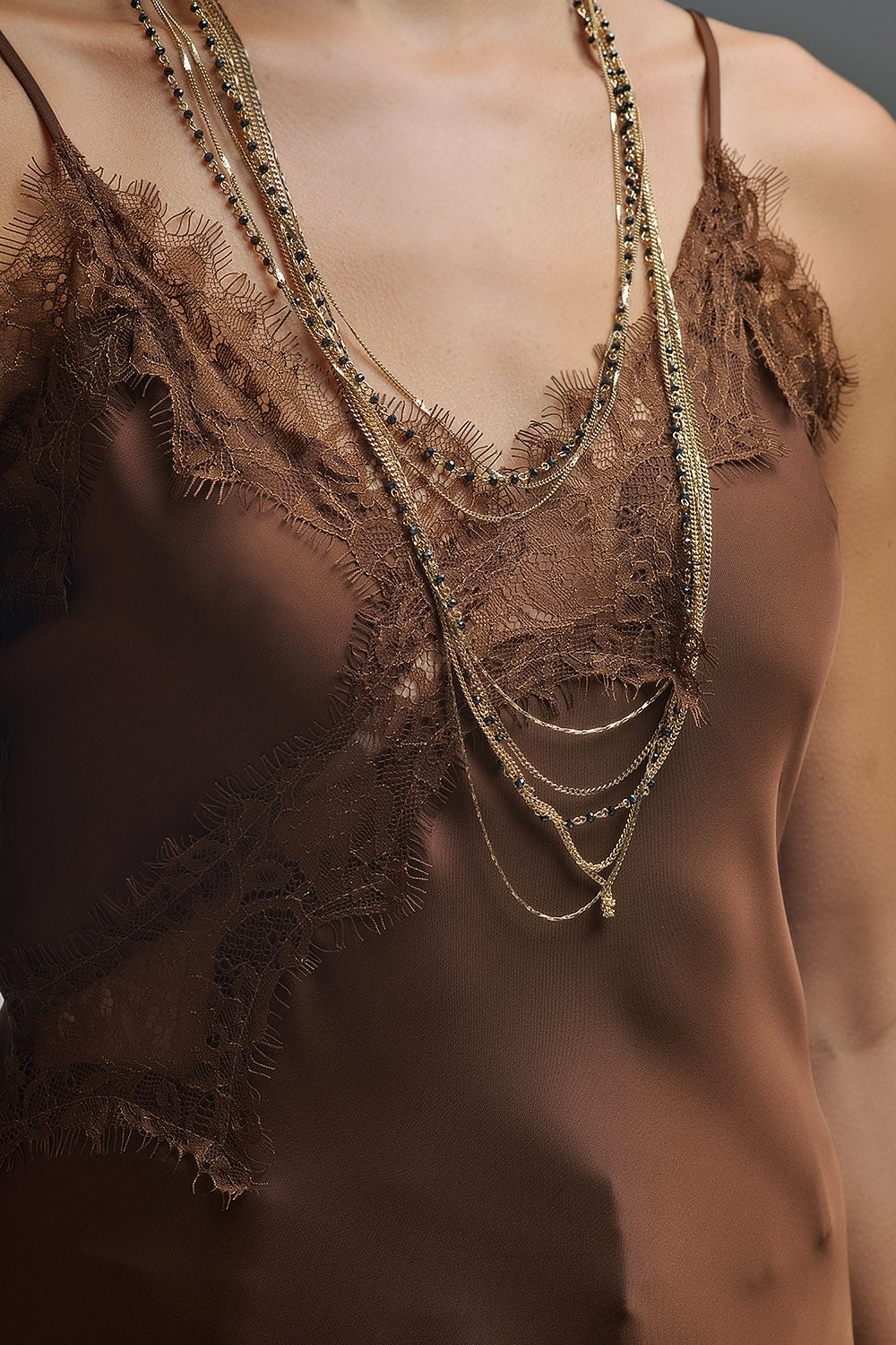 Asymmetrical Satin Lace Dress in brown