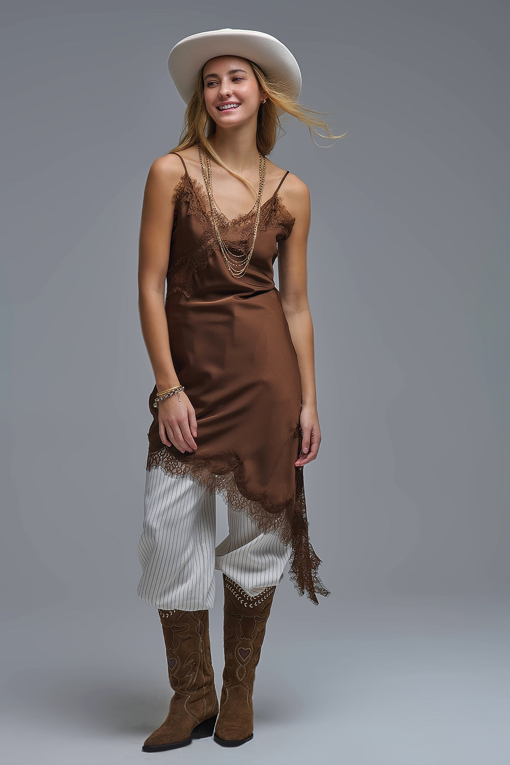 Asymmetrical Satin Lace Dress in BROWN BROWN / L