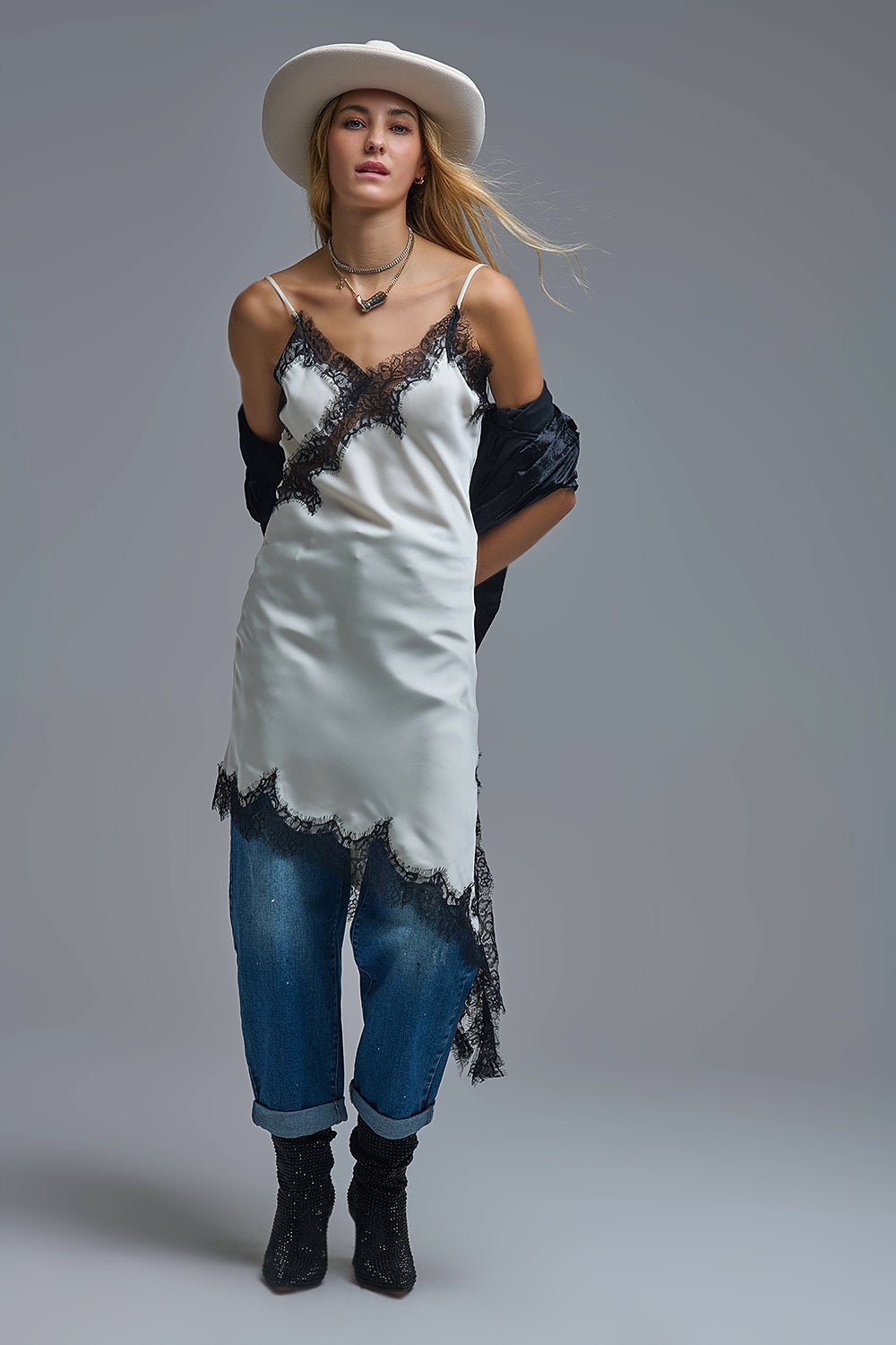 Asymmetrical White Satin Lace Dress