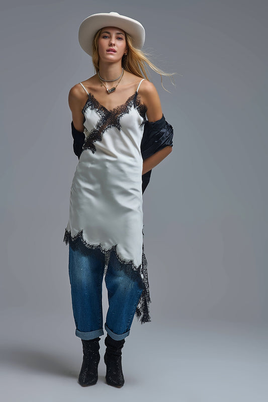 Asymmetrical White Satin Lace Dress