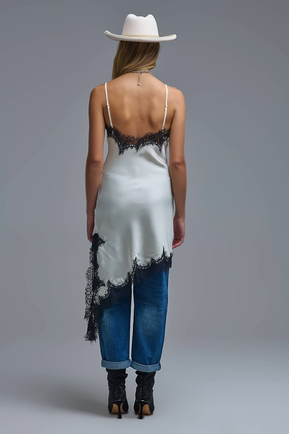 Asymmetrical White Satin Lace Dress