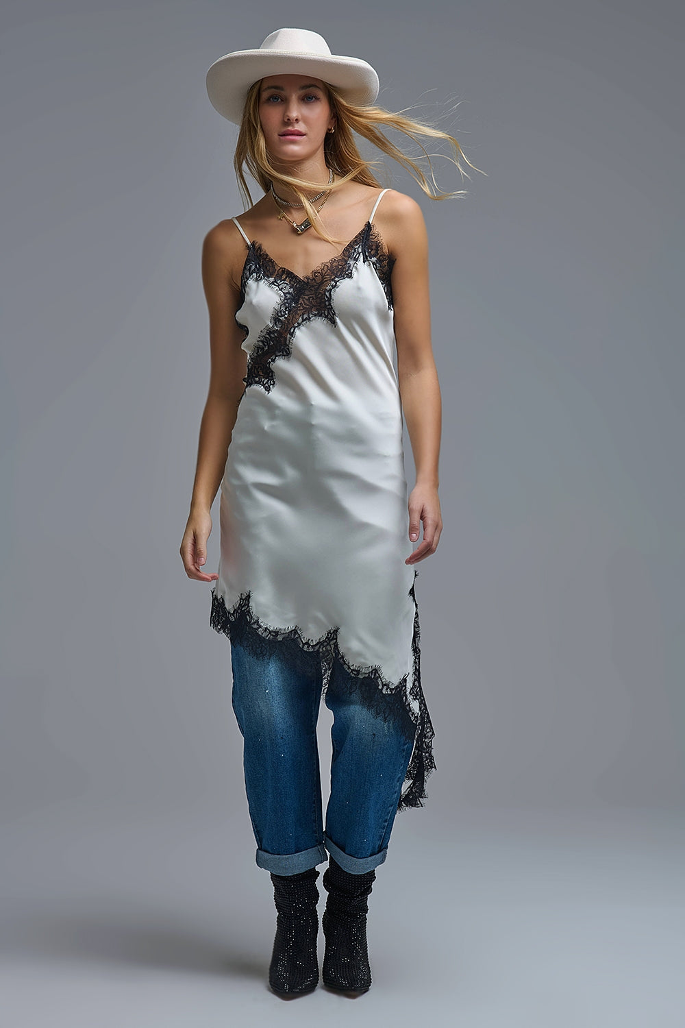 Asymmetrical White Satin Lace Dress