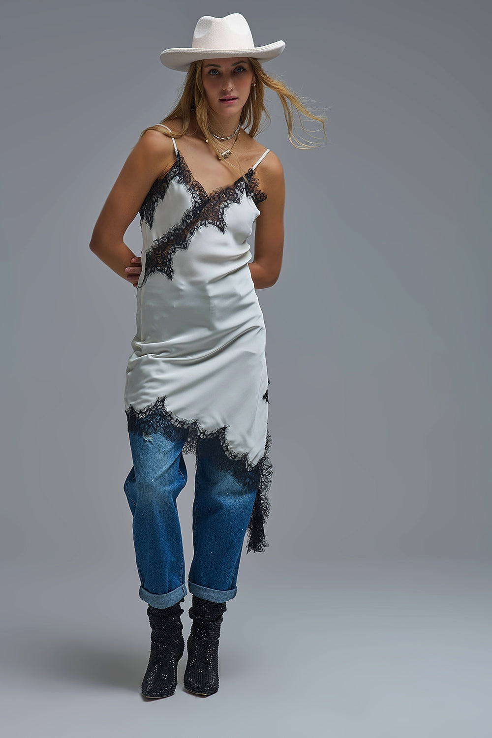 Asymmetrical White Satin Lace Dress
