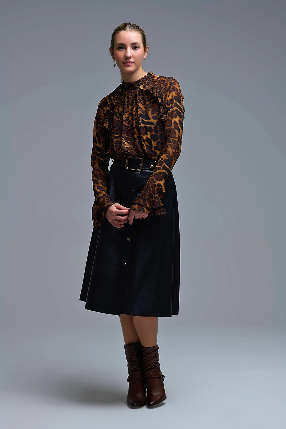 Leopard Print Blouse with Ruffle Details in chiffon - Premium Shirts from Q2 - Just $74.90! Shop now at Tooksie