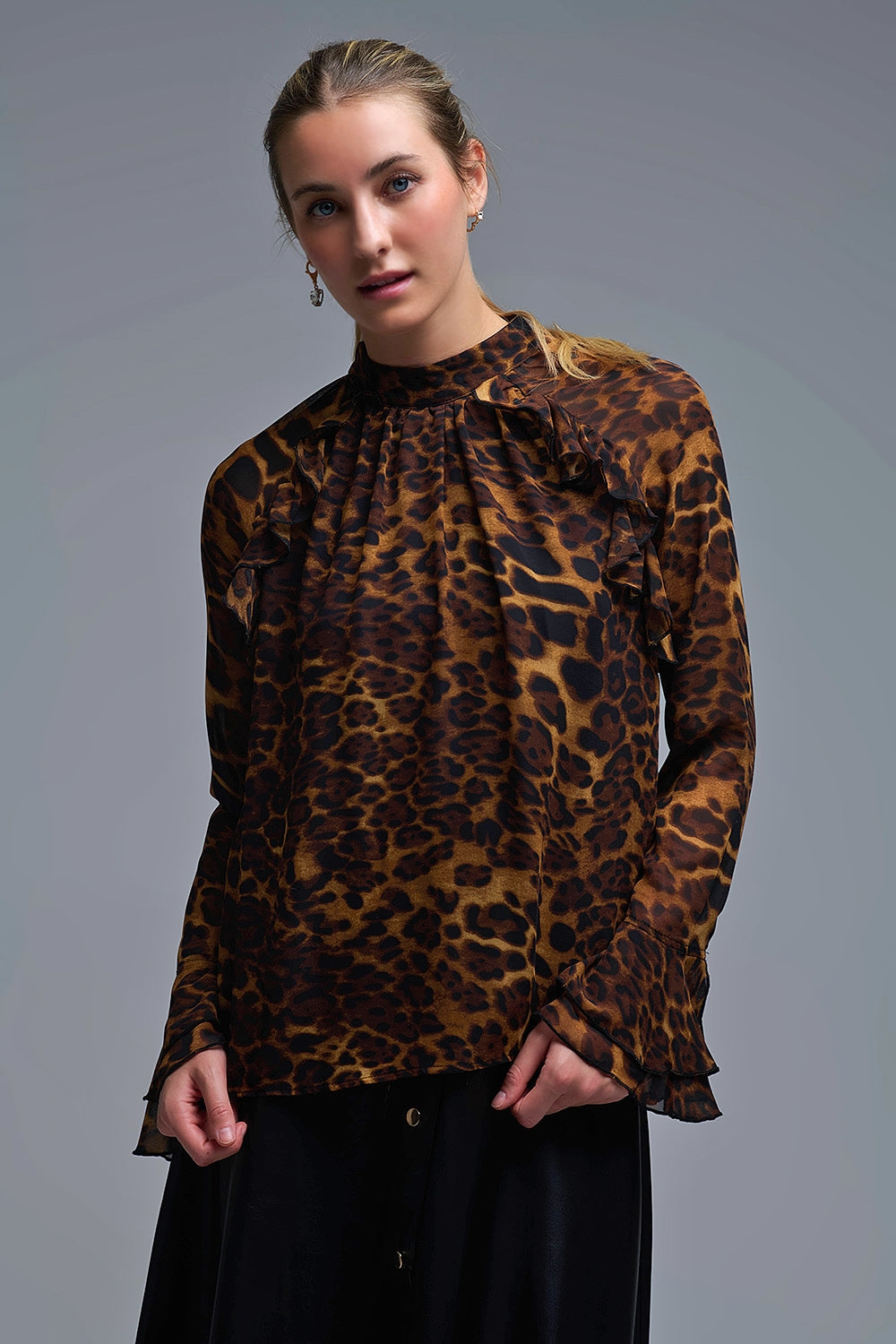 Leopard Print Blouse with Ruffle Details in chiffon - Premium Shirts from Q2 - Just $74.90! Shop now at Tooksie