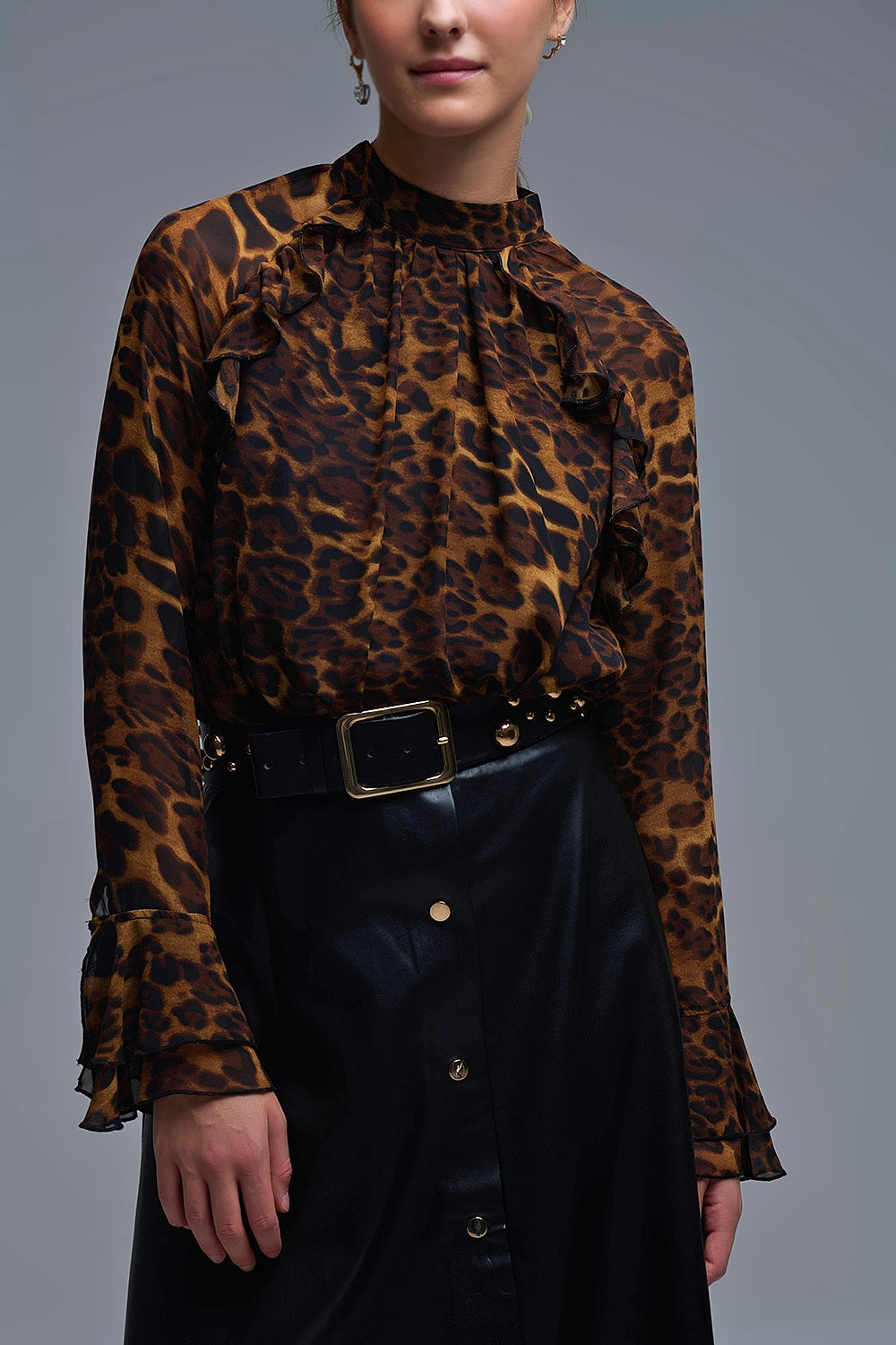 Leopard Print Blouse with Ruffle Details in chiffon - Premium Shirts from Q2 - Just $74.90! Shop now at Tooksie