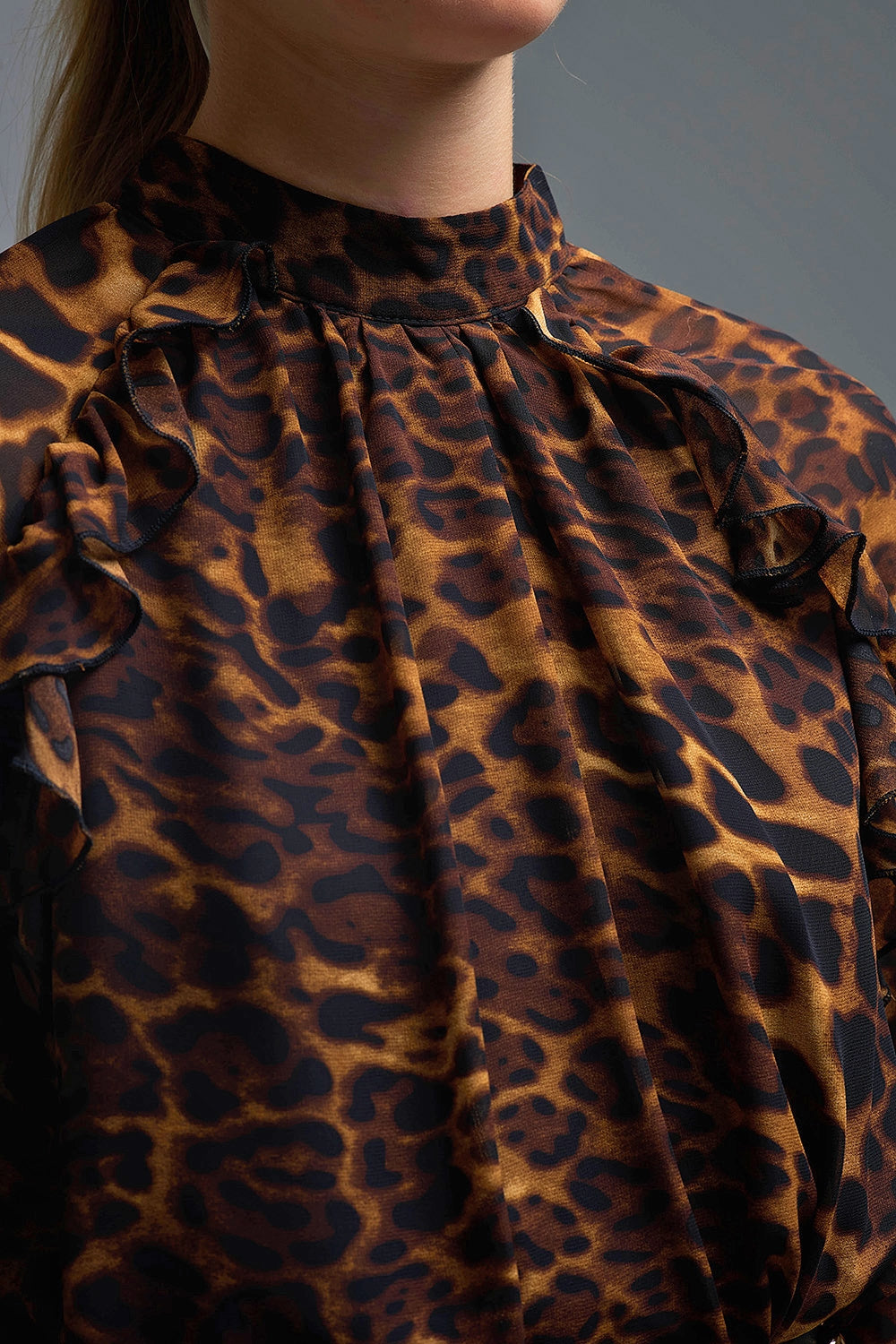 Leopard Print Blouse with Ruffle Details in chiffon - Premium Shirts from Q2 - Just $74.90! Shop now at Tooksie