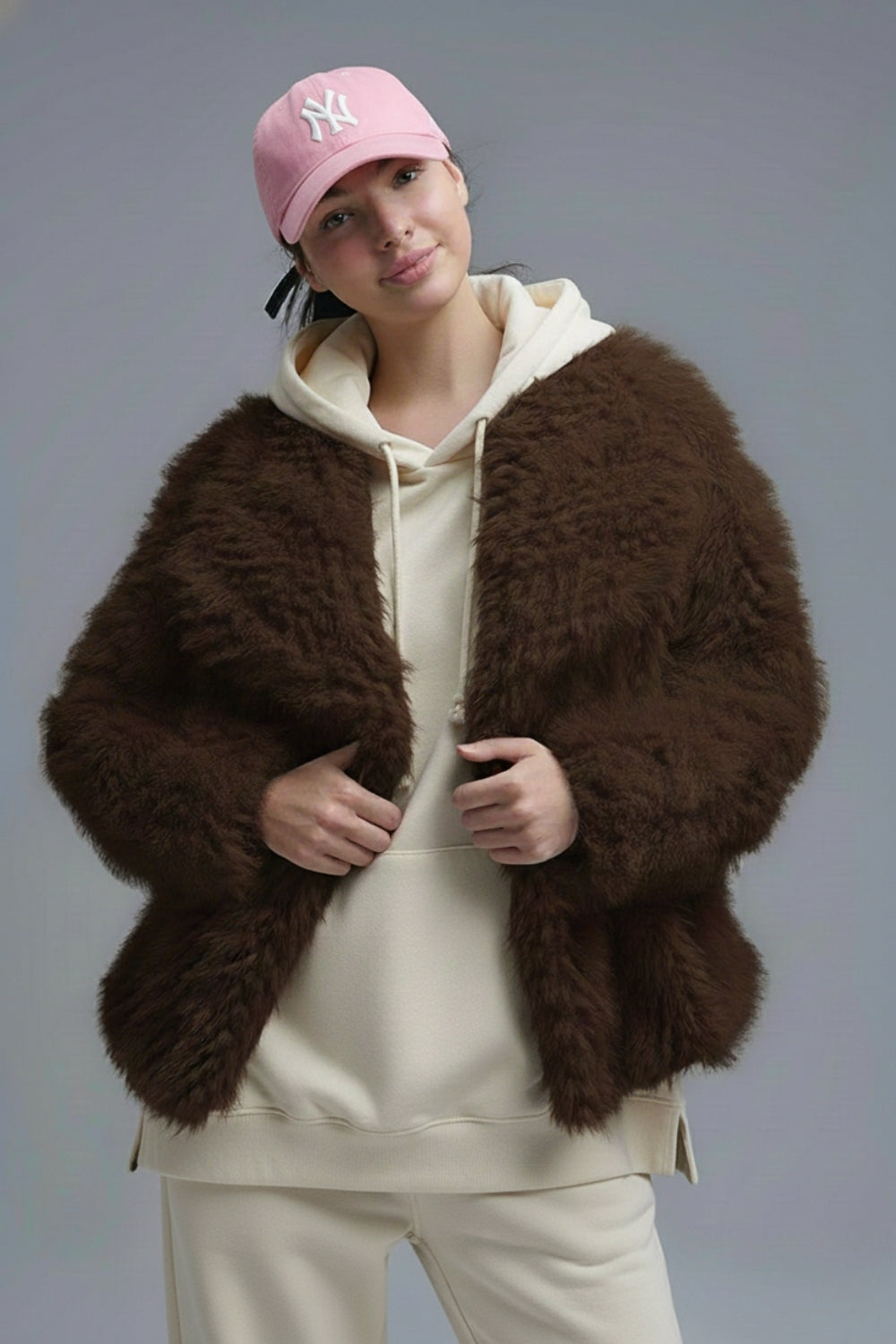 Chic brown Faux Fur Jacket with a wide neck
