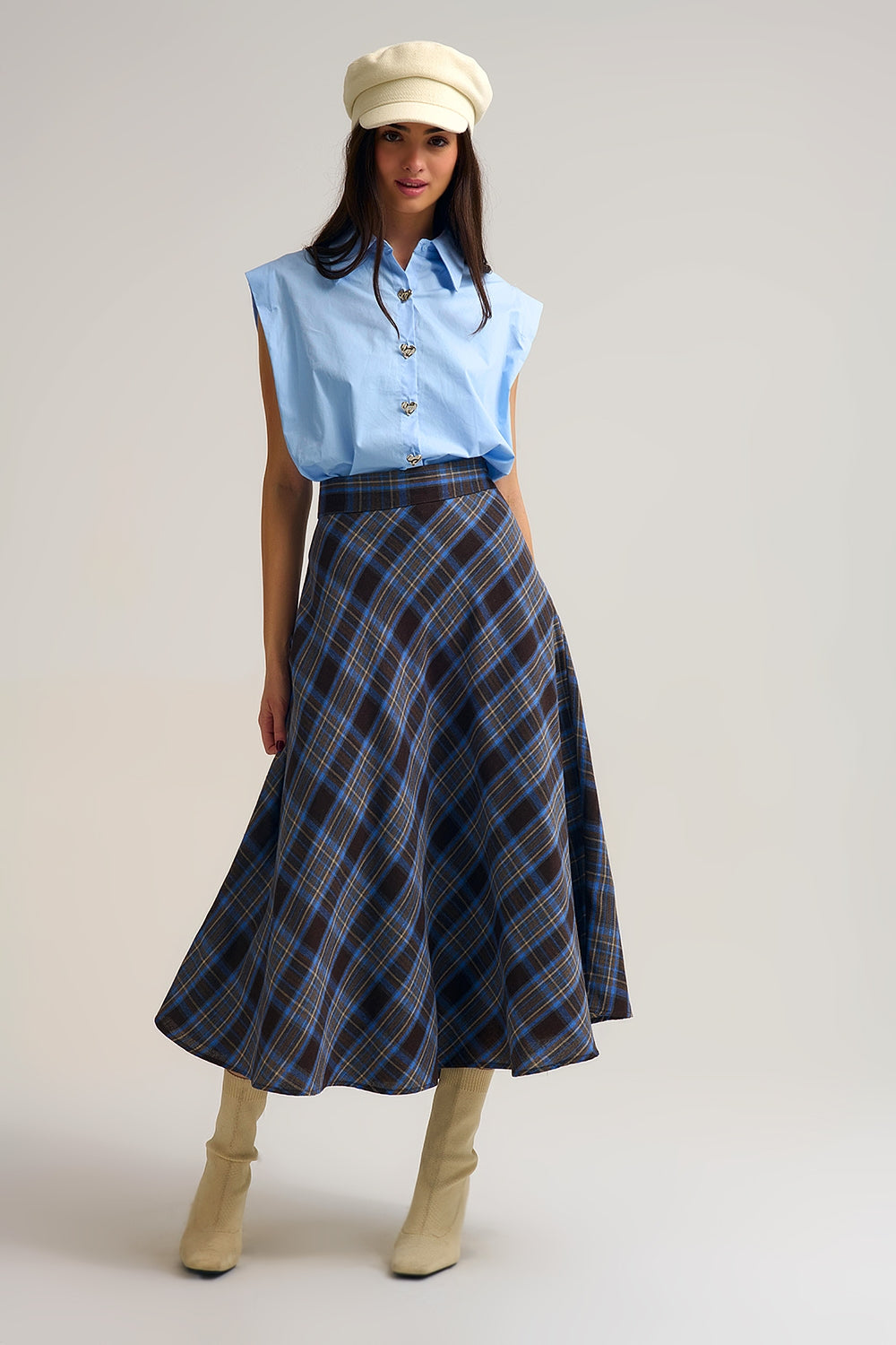 Brown Check High-Waisted Midi Skirt - Premium variable from Tooksie - Just $64.90! Shop now at Tooksie