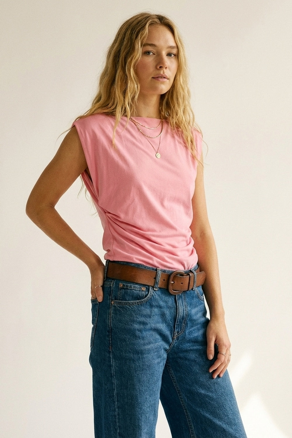 Pink Draped Sleeveless Asymmetric Top - Premium variation from Tooksie - Just $54.90! Shop now at Tooksie