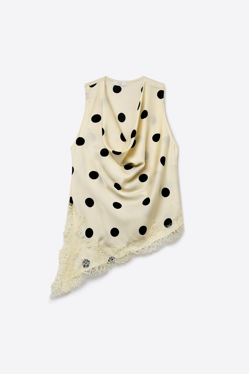 Cream Satin Polka Dot Lace Trim Asymmetrical Sleeveless Top - Premium variable from Tooksie - Just $74.90! Shop now at Tooksie
