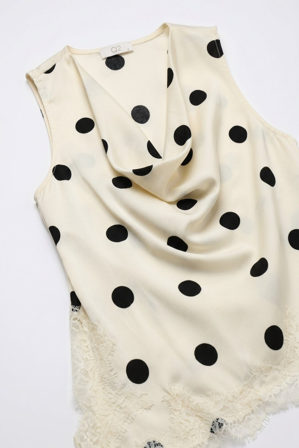 Cream Satin Polka Dot Lace Trim Asymmetrical Sleeveless Top - Premium variable from Tooksie - Just $74.90! Shop now at Tooksie