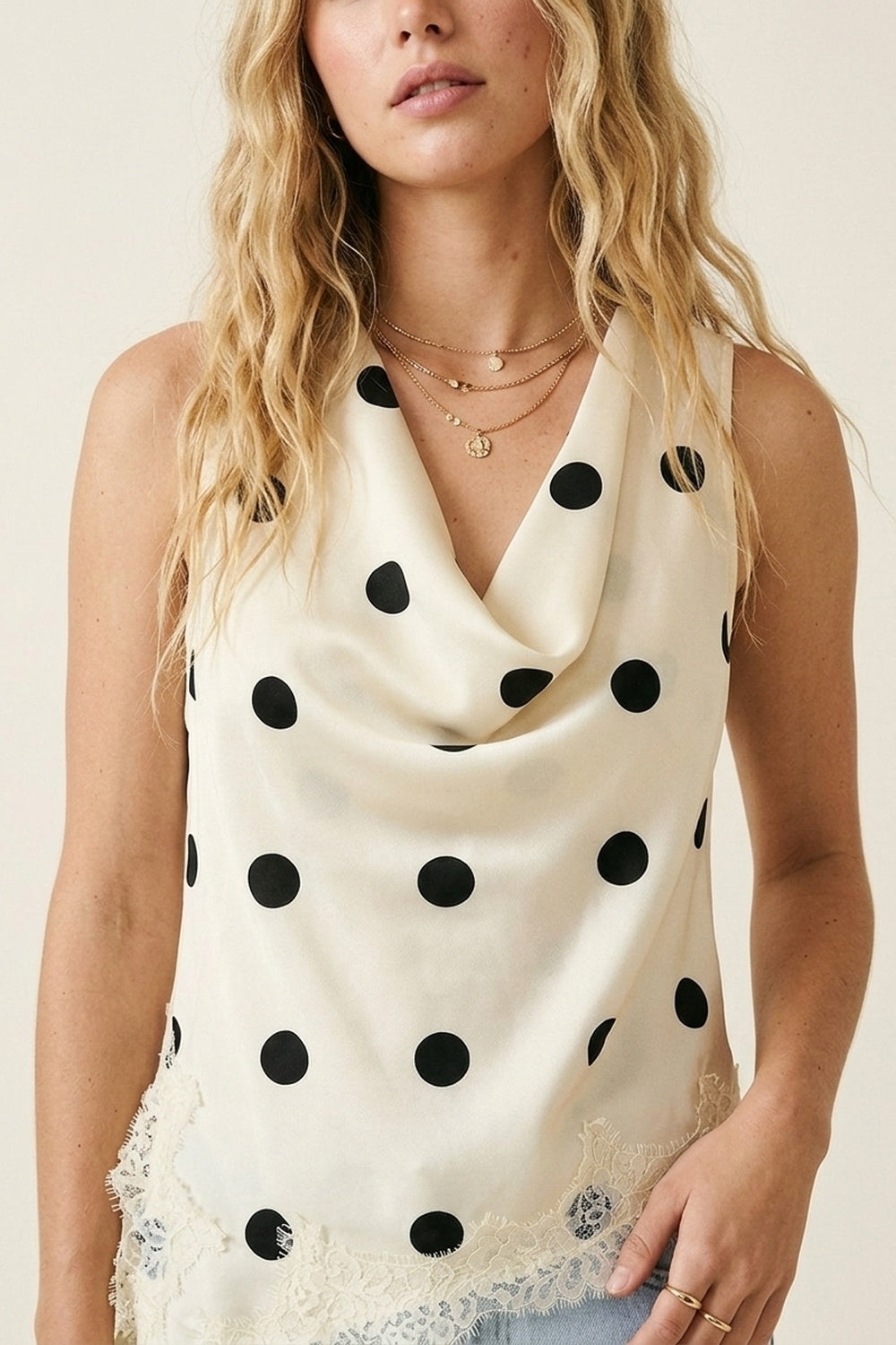 Cream Satin Polka Dot Lace Trim Asymmetrical Sleeveless Top - Premium variable from Tooksie - Just $74.90! Shop now at Tooksie