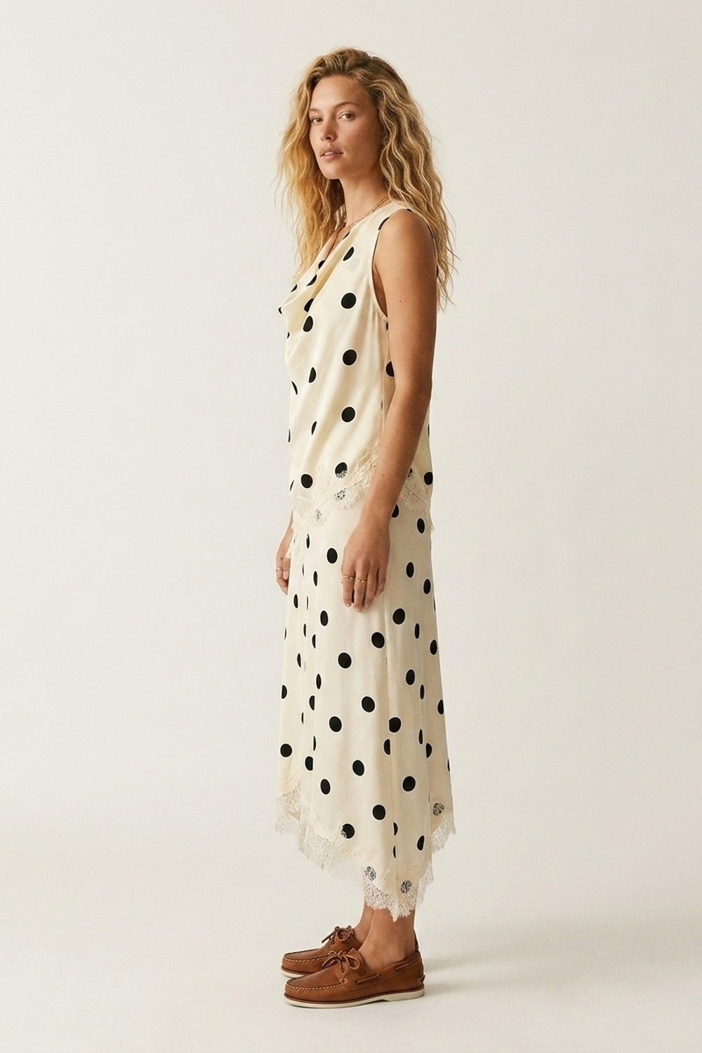 Cream Satin Polka Dot Lace Trim Asymmetrical Sleeveless Top - Premium variable from Tooksie - Just $74.90! Shop now at Tooksie