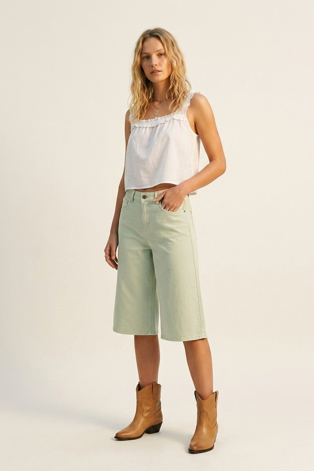 Mint Green Denim Bermuda Shorts - Premium variable from Tooksie - Just $69.90! Shop now at Tooksie