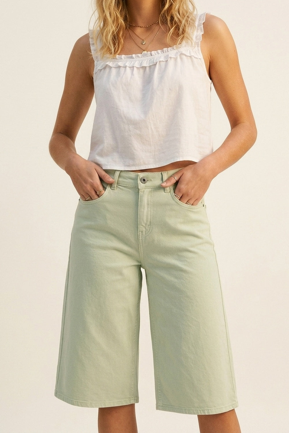 Mint Green Denim Bermuda Shorts - Premium variable from Tooksie - Just $69.90! Shop now at Tooksie