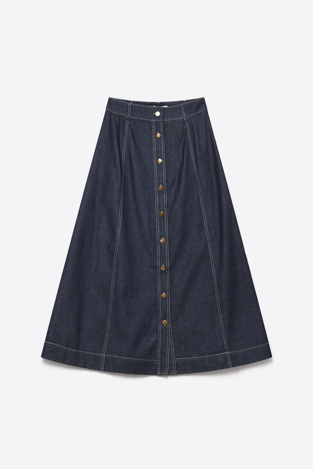 Dark Blue A-Line Denim Midi Skirt With Contrast Stitching - Premium variable from Tooksie - Just $89.90! Shop now at Tooksie