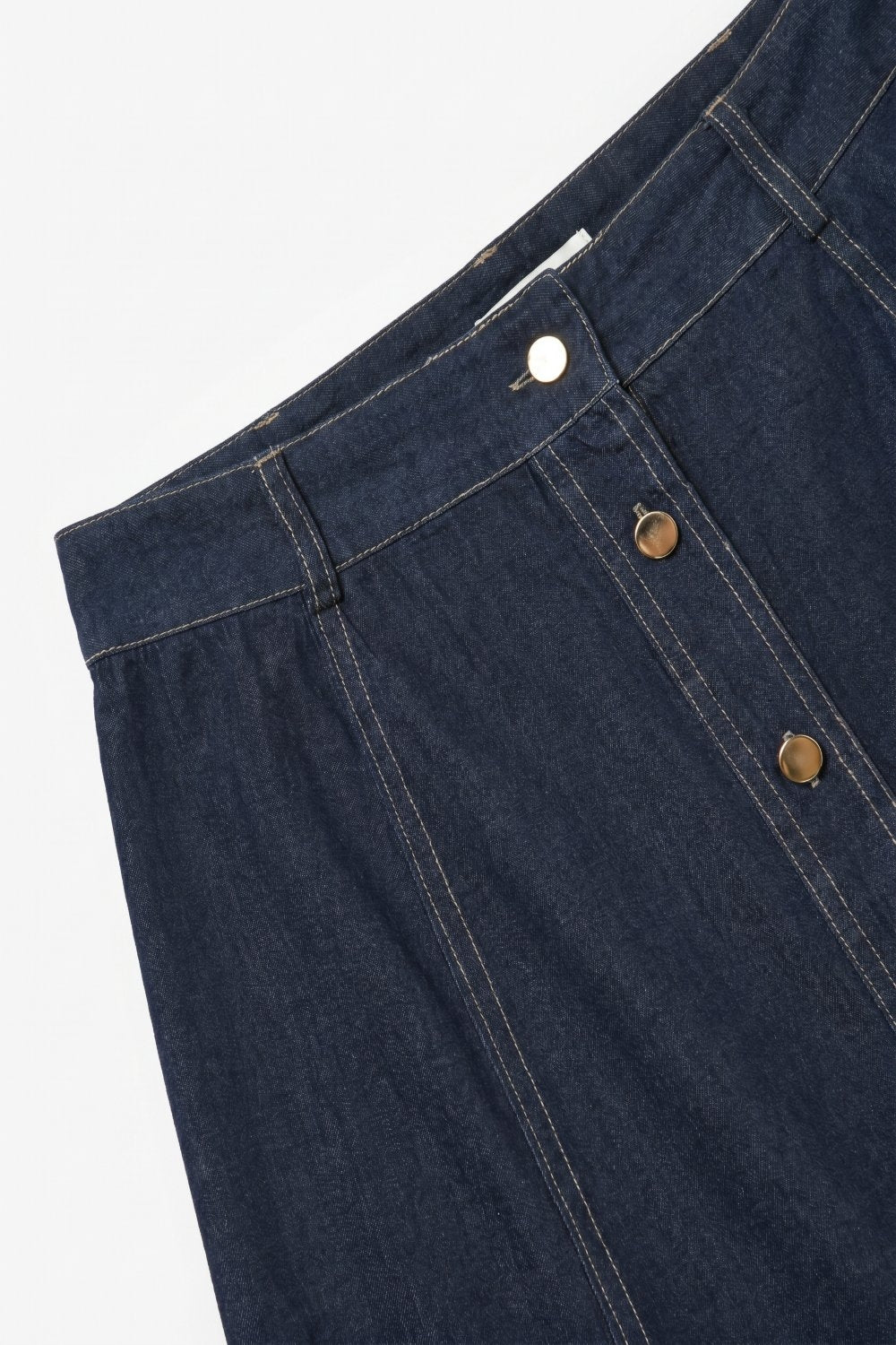 Dark Blue A-Line Denim Midi Skirt With Contrast Stitching - Premium variable from Tooksie - Just $89.90! Shop now at Tooksie