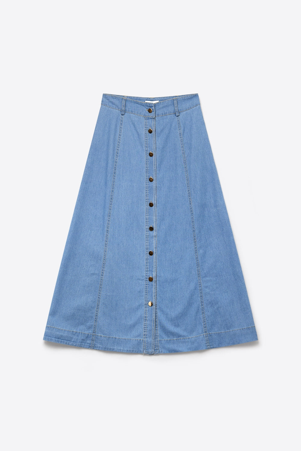 Light Blue Wash Denim A-Line Midi Skirt with Contrast Stitch - Premium variable from Tooksie - Just $89.90! Shop now at Tooksie