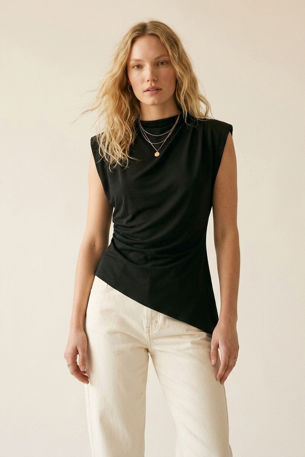 Black Lightweight Woven Asymmetric Hem Cowl Neck Sleeveless Top