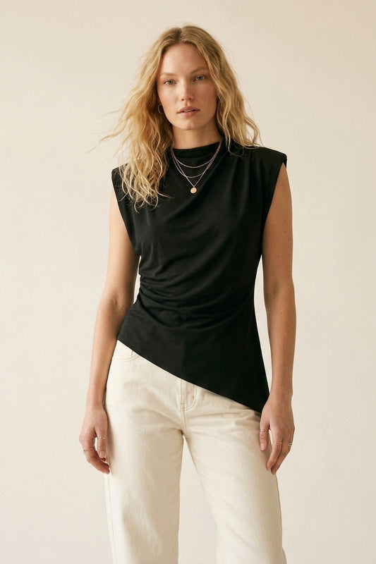 Black Lightweight Woven Asymmetric Hem Cowl Neck Sleeveless Top