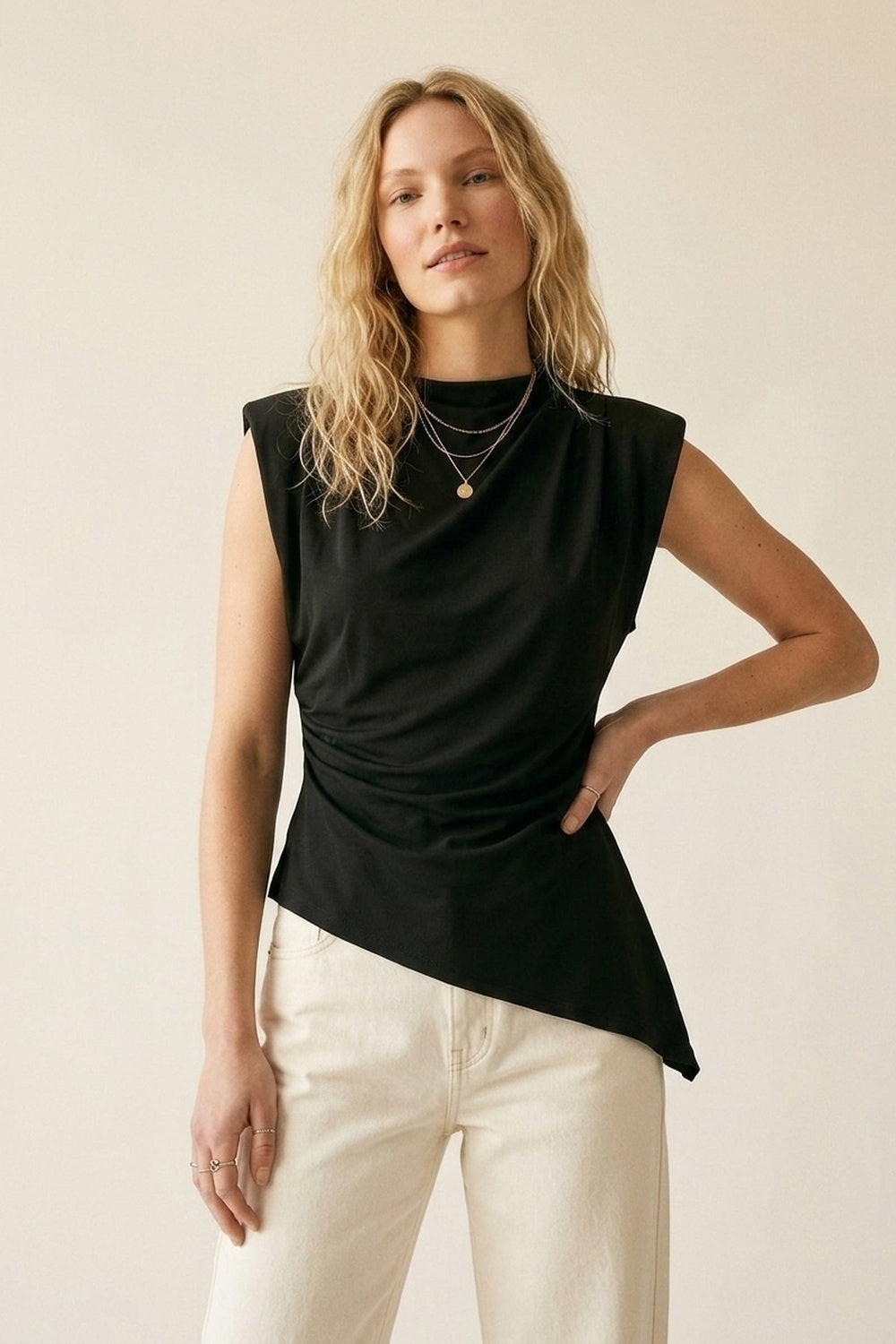 Black Lightweight Woven Asymmetric Hem Cowl Neck Sleeveless Top