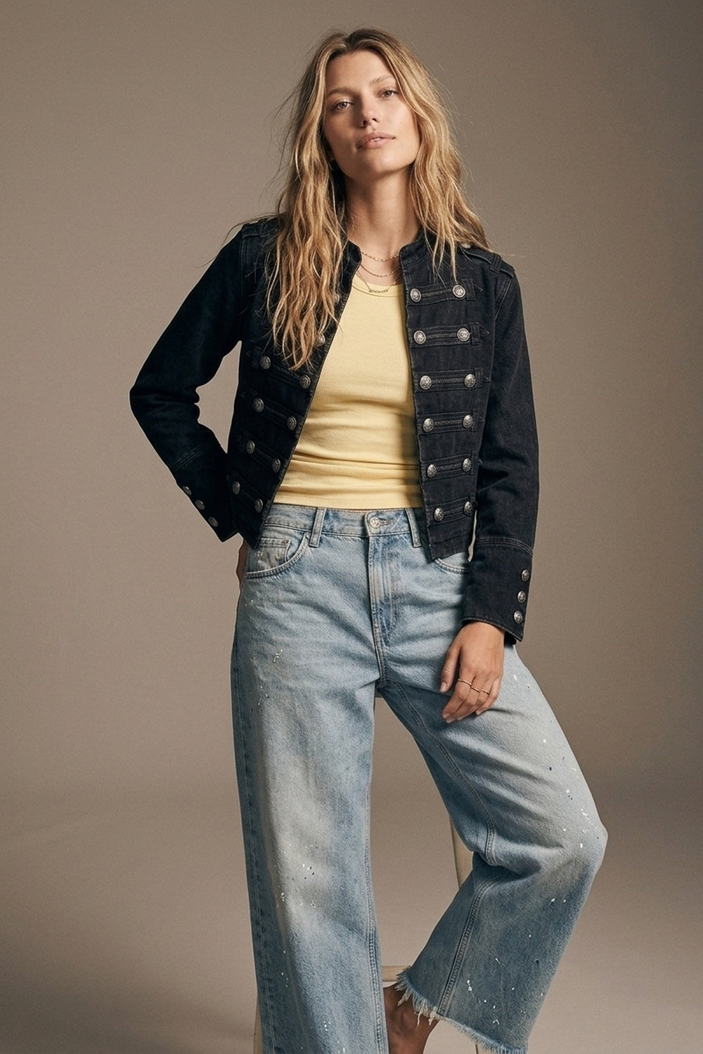 Black Wash Denim Military Jacket with Decorative Buttons - Premium variable from Tooksie - Just $114.90! Shop now at Tooksie