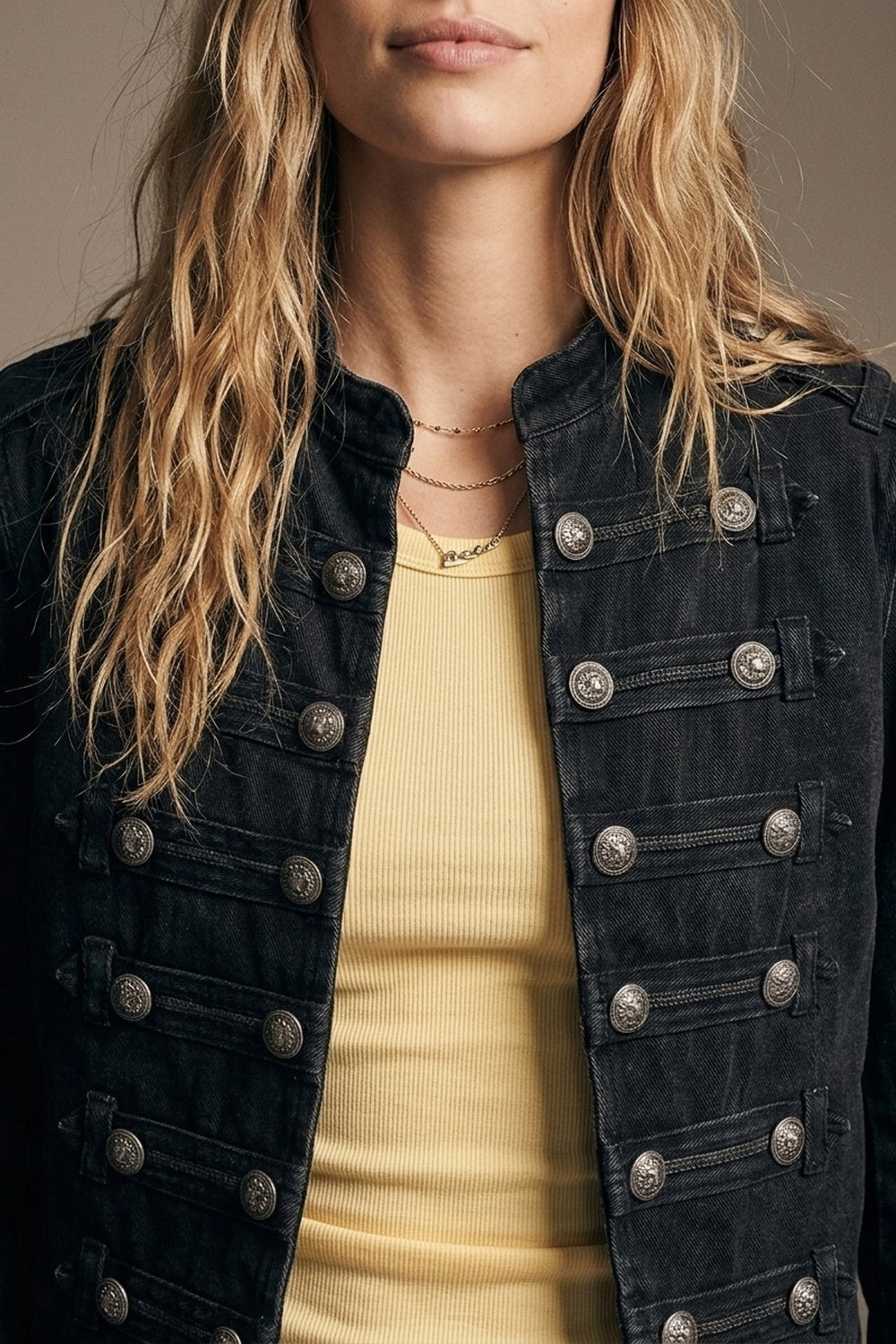 Black Wash Denim Military Jacket with Decorative Buttons - Premium variable from Tooksie - Just $114.90! Shop now at Tooksie