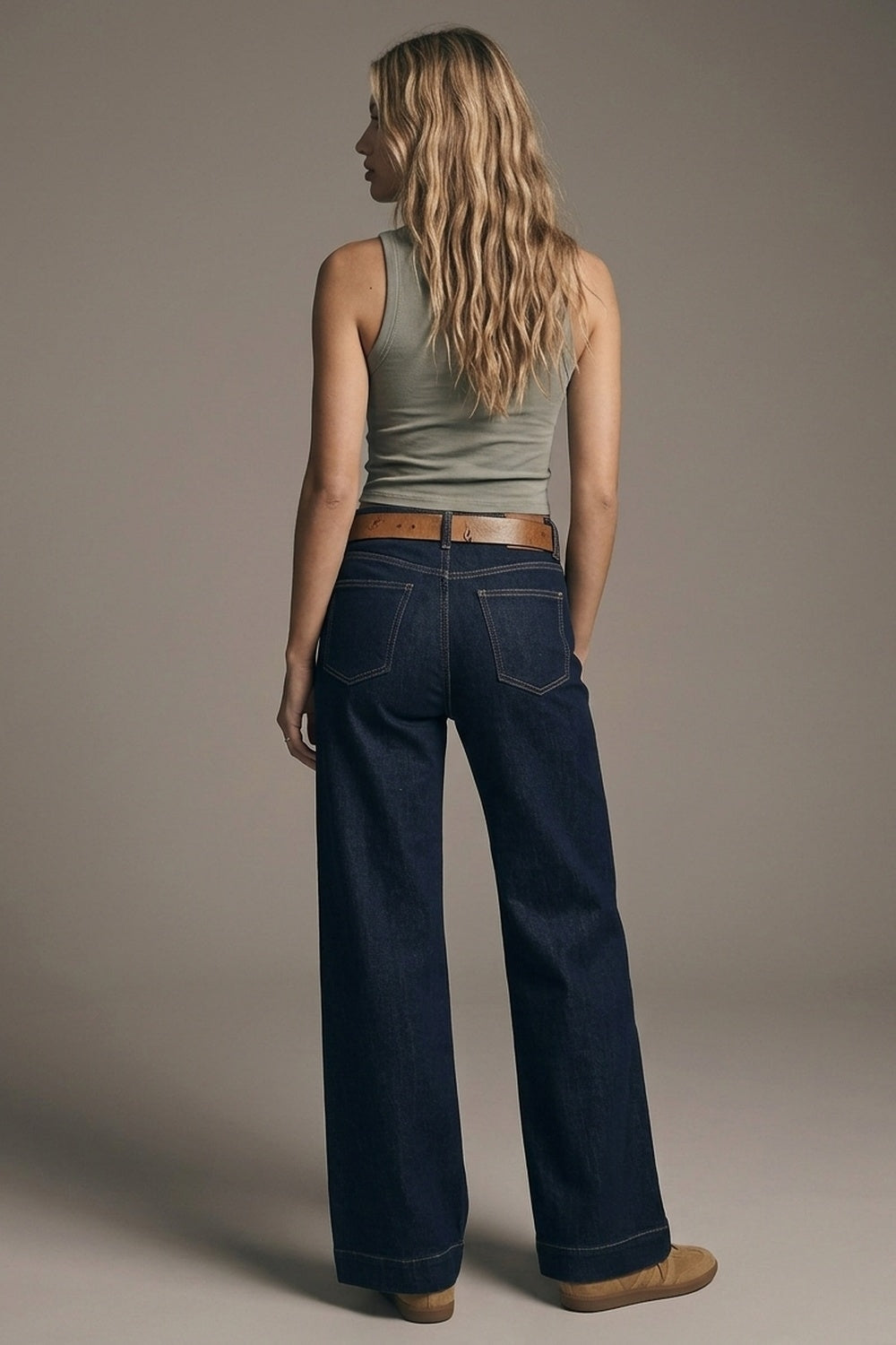 Wide-leg high-waisted jeans in dark denim with contrast stitching - Premium variable from Tooksie - Just $76.90! Shop now at Tooksie