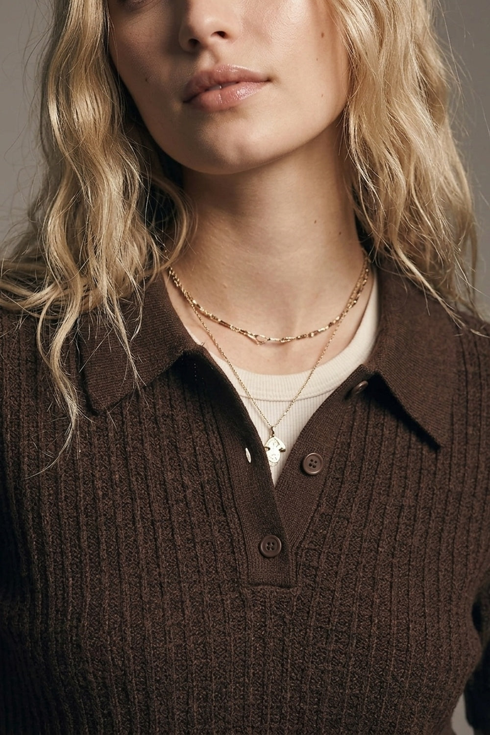 Brown Short Sleeve Textured Knit Polo Sweater - Premium variable from Tooksie - Just $69.90! Shop now at Tooksie
