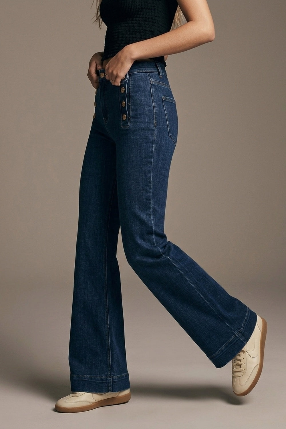 Marine Flare Jeans With Button Detailing in Mid wash - Premium variable from Tooksie - Just $76.90! Shop now at Tooksie