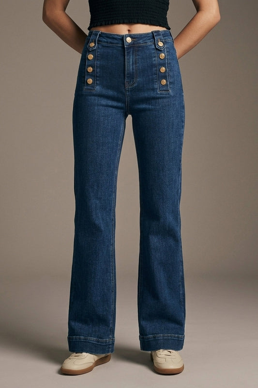 Marine Flare Jeans With Button Detailing in Mid wash - Premium variable from Tooksie - Just $76.90! Shop now at Tooksie