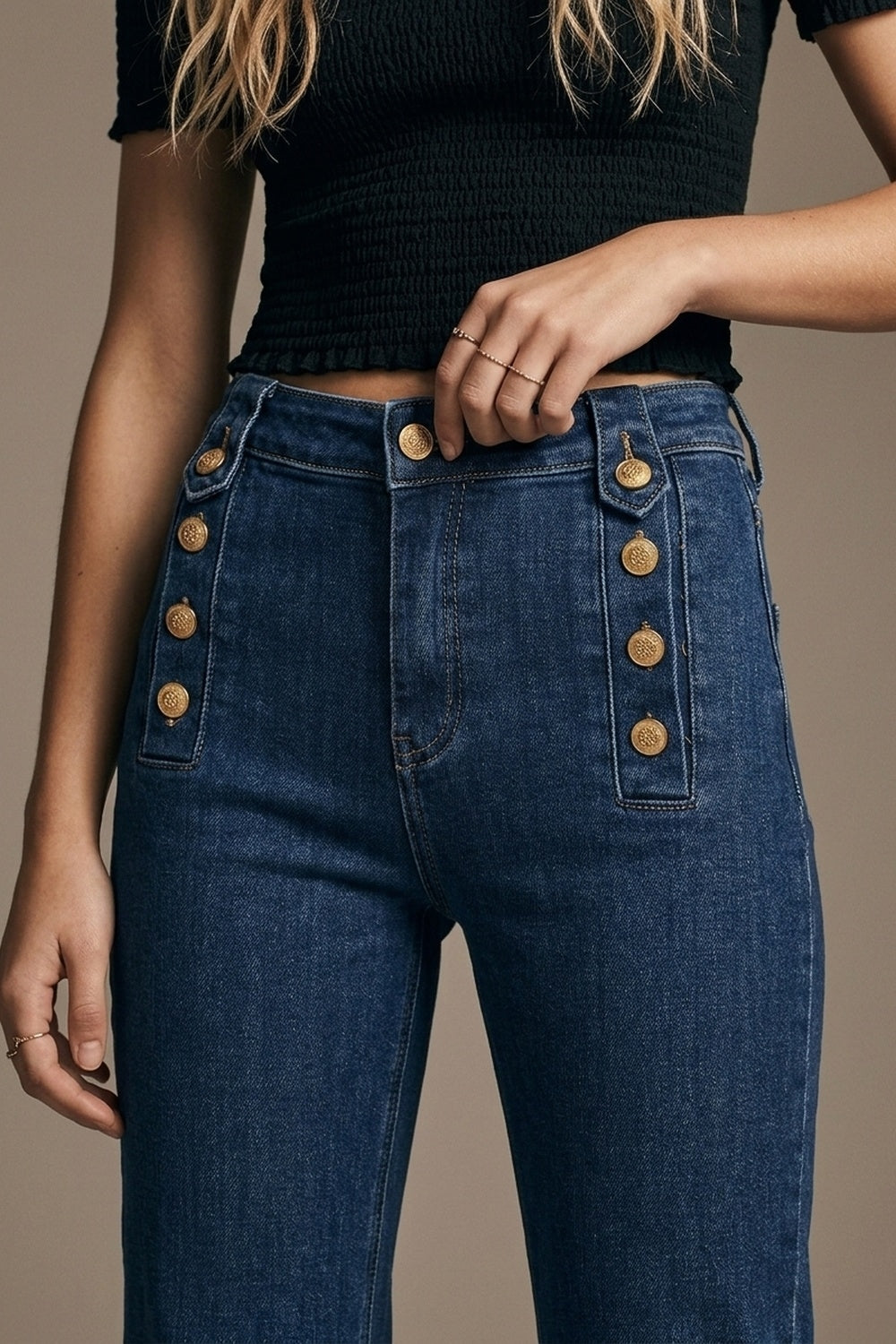 Marine Flare Jeans With Button Detailing in Mid wash - Premium variable from Tooksie - Just $76.90! Shop now at Tooksie