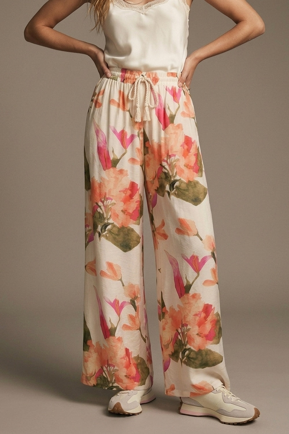 Cream Floral Print wide leg Pants