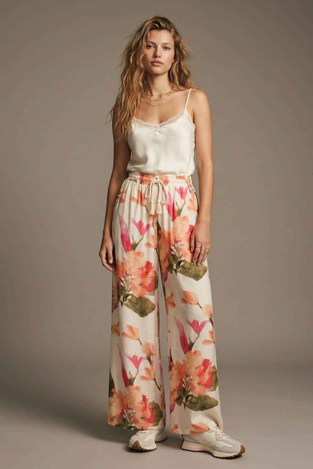 Cream Floral Print wide leg Pants