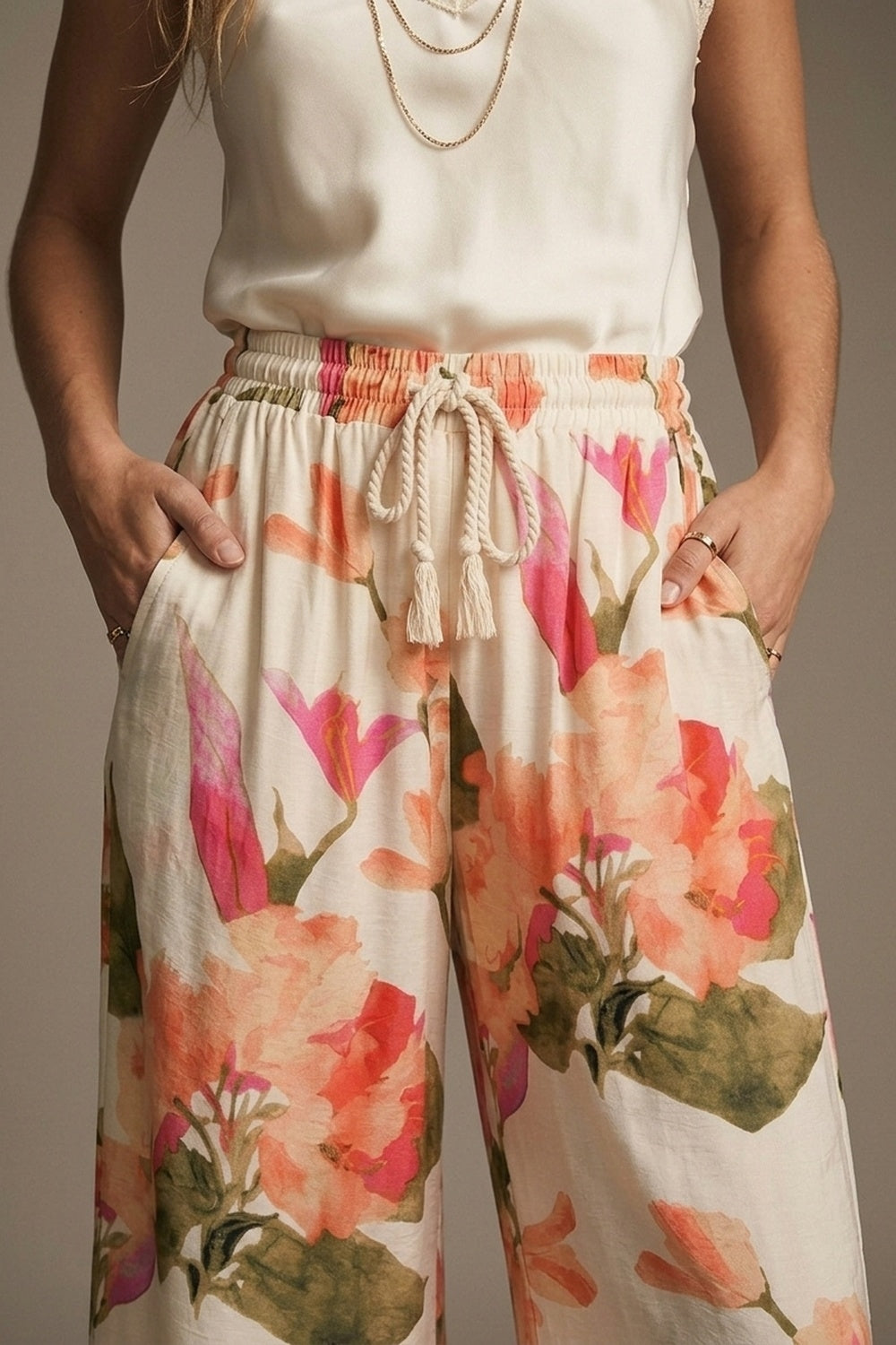 Cream Floral Print wide leg Pants
