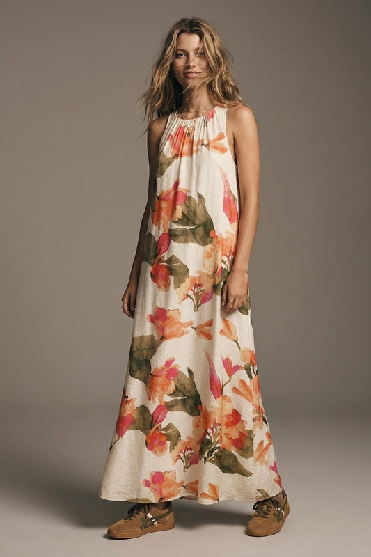 Sleeveless lightweight woven maxi dress with cream floral print - Premium Dresses from Tooksie - Just $89.90! Shop now at Tooksie