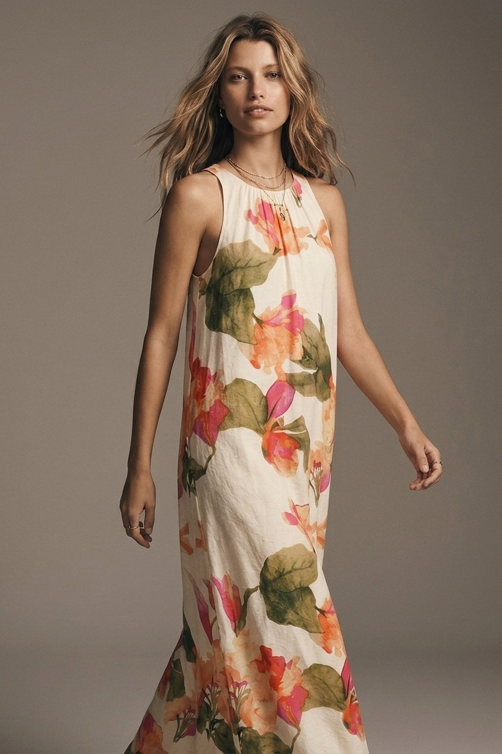 Sleeveless lightweight woven maxi dress with cream floral print - Premium Dresses from Tooksie - Just $89.90! Shop now at Tooksie
