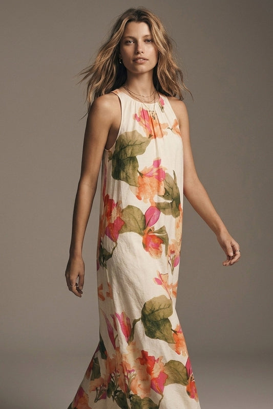 Sleeveless lightweight woven maxi dress with cream floral print - Premium Dresses from Tooksie - Just $89.90! Shop now at Tooksie