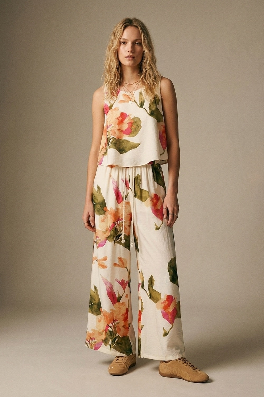 Cream Floral Print wide leg Pants