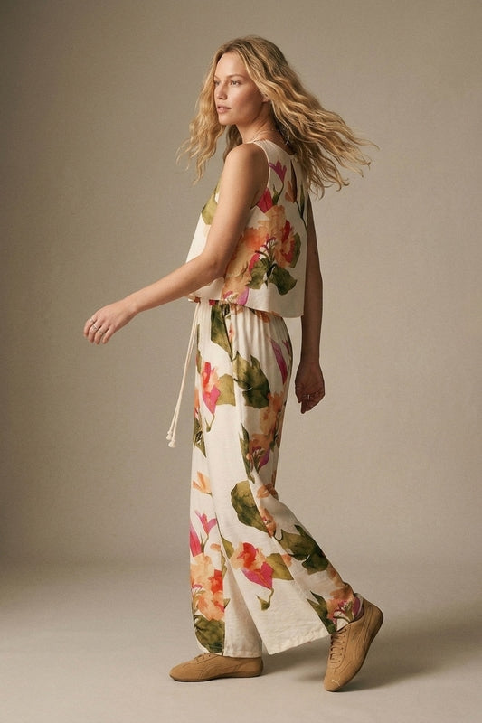 Cream Floral Print wide leg Pants