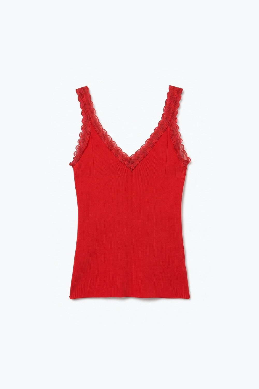 Red Ribbed Knit Lace Trim V-Neck Tank Top - Premium simple from Tooksie - Just $49.90! Shop now at Tooksie