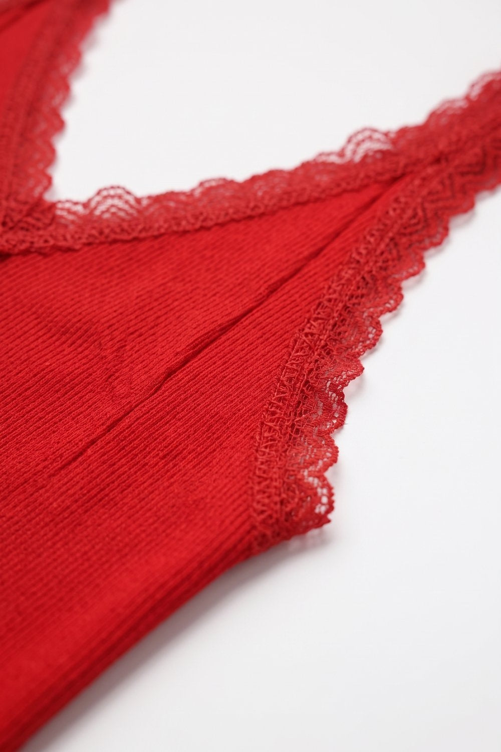 Red Ribbed Knit Lace Trim V-Neck Tank Top - Premium simple from Tooksie - Just $49.90! Shop now at Tooksie