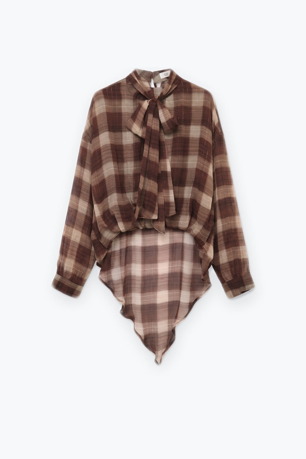 Brown Check printed Asymmetrical back Blouse in chiffon - Premium Shirts from Q2 - Just $79.90! Shop now at Tooksie
