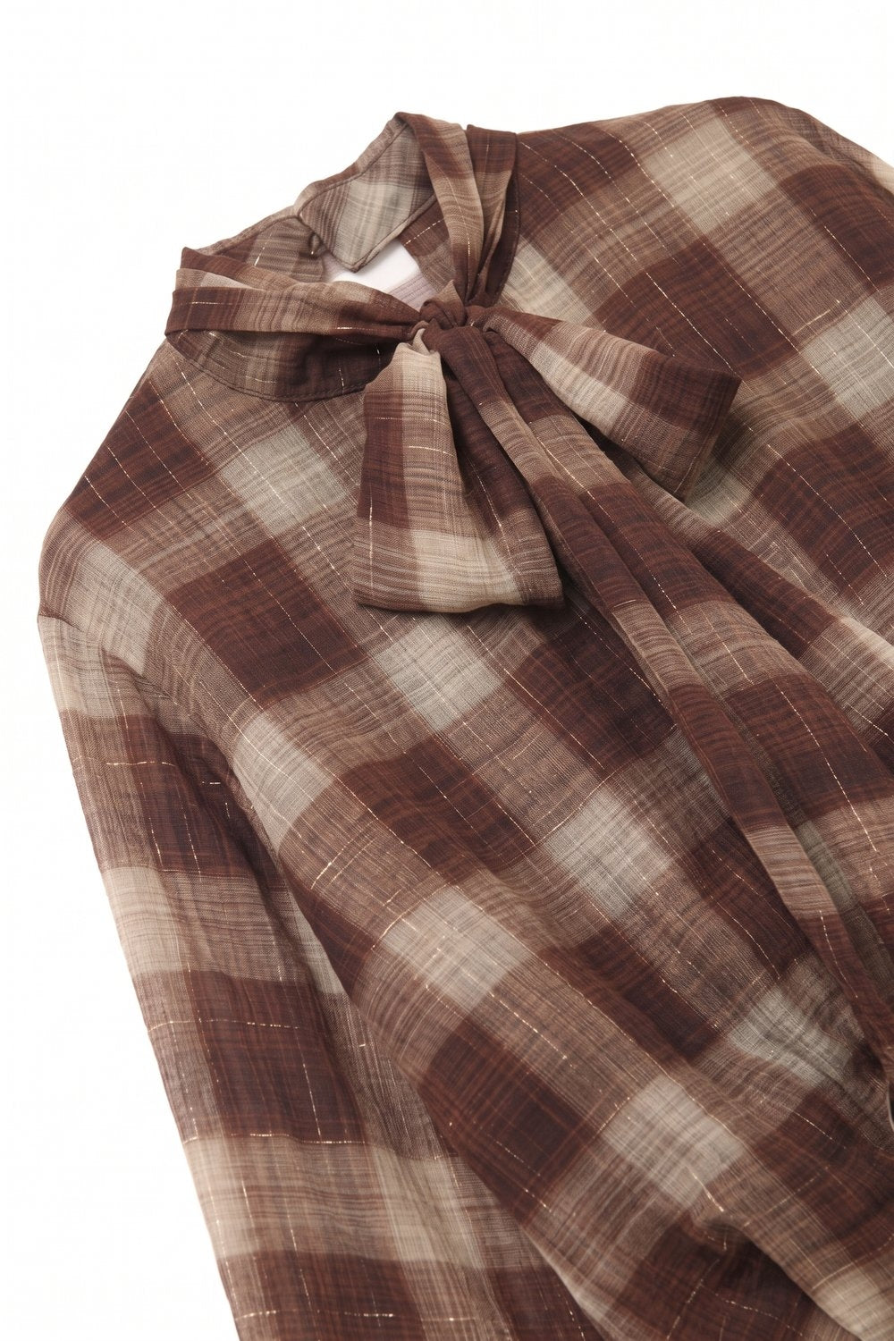 Brown Check printed Asymmetrical back Blouse in chiffon - Premium Shirts from Q2 - Just $79.90! Shop now at Tooksie