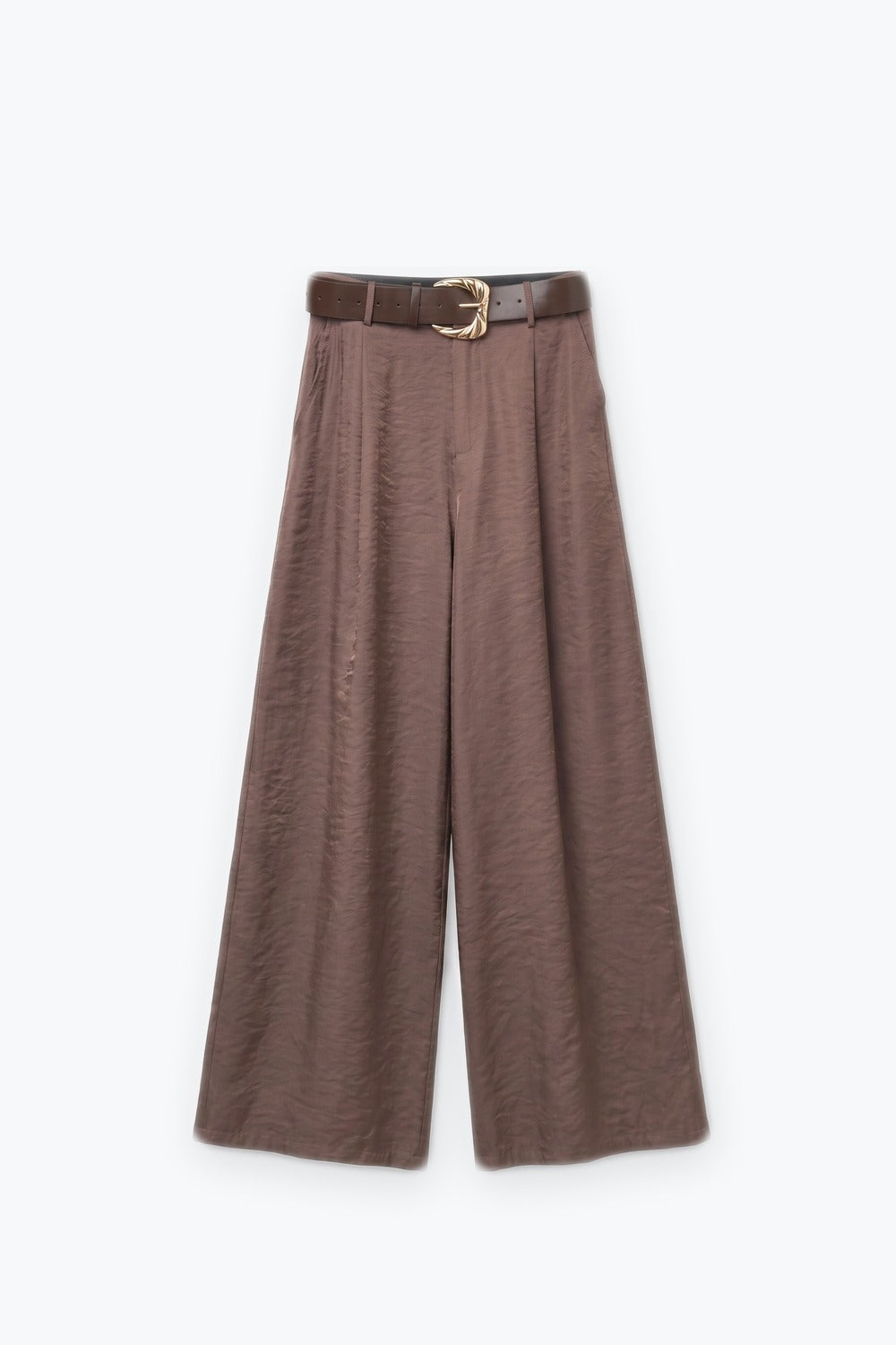 Brown Pleated Textured Wide Leg Trousers with Belt - Premium variable from Tooksie - Just $79.90! Shop now at Tooksie