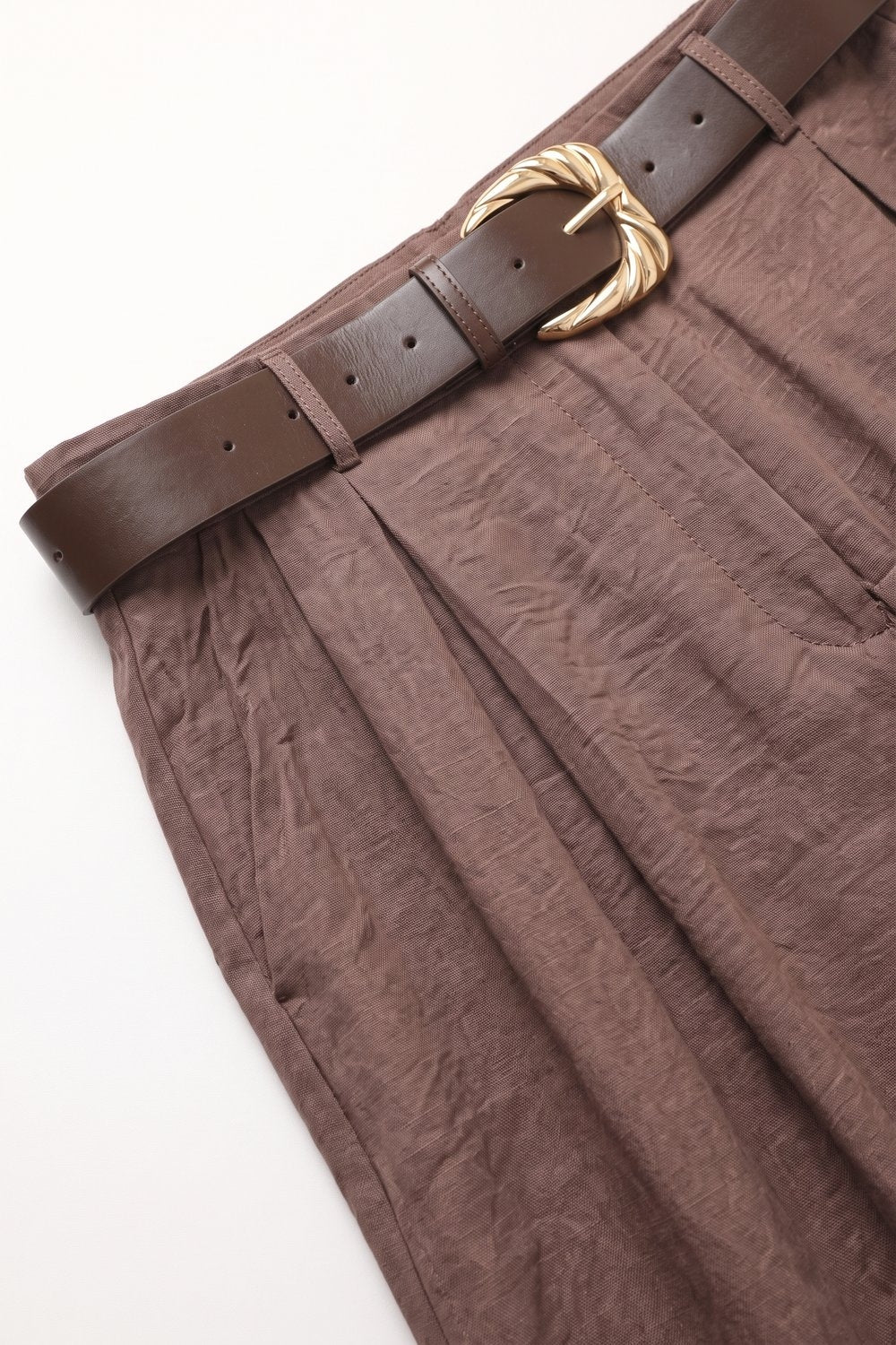 Brown Pleated Textured Wide Leg Trousers with Belt - Premium variable from Tooksie - Just $79.90! Shop now at Tooksie